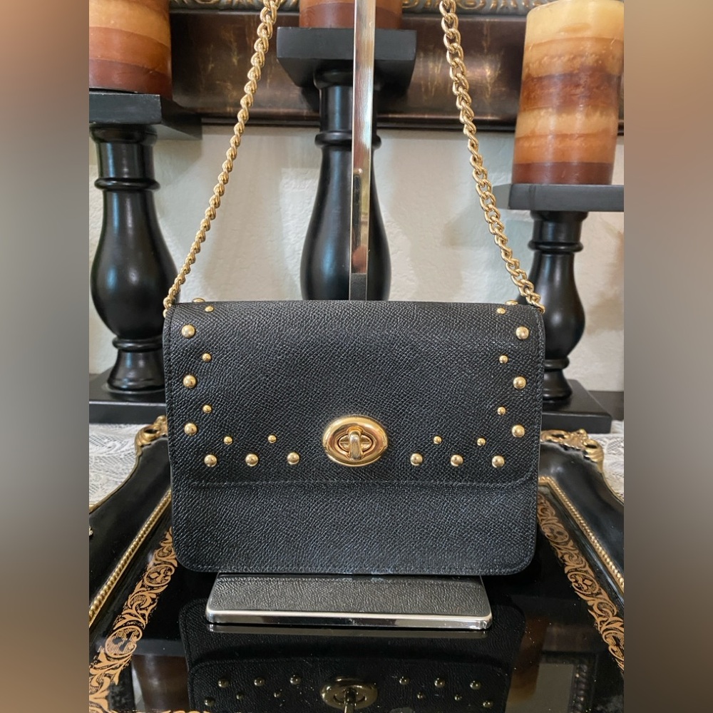 COACH F44964 Bowery Studded Black Crossgrain Leather Turnlock Flap Crossbody - Picture 3 of 14